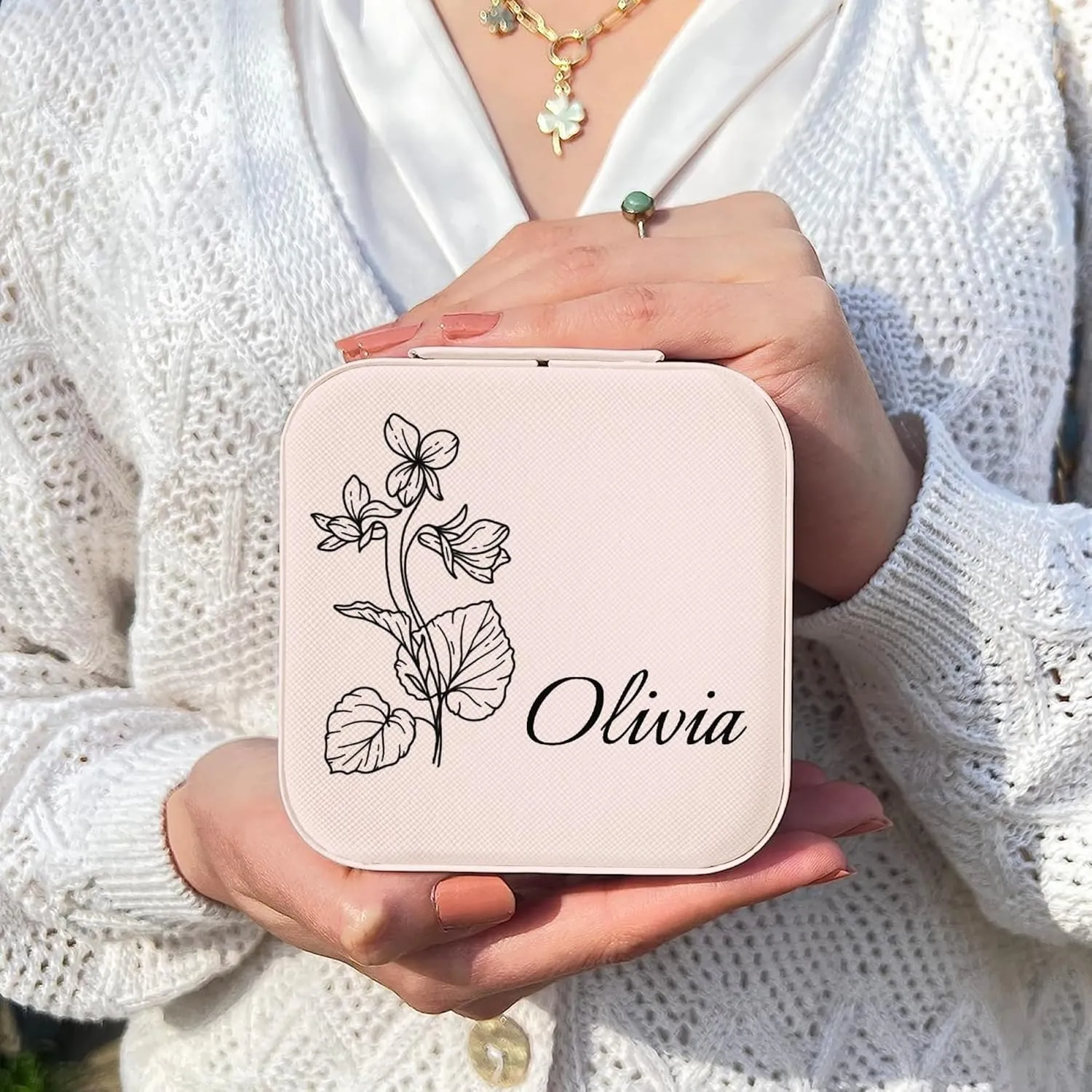 Personalized Jewelry Boxes for Women, Custom Travel Jewelry Case with Name and Birth Flower Month, Portable Jewelry Box Organizer for Mom Birthday Gifts (Non-Customized pink)
