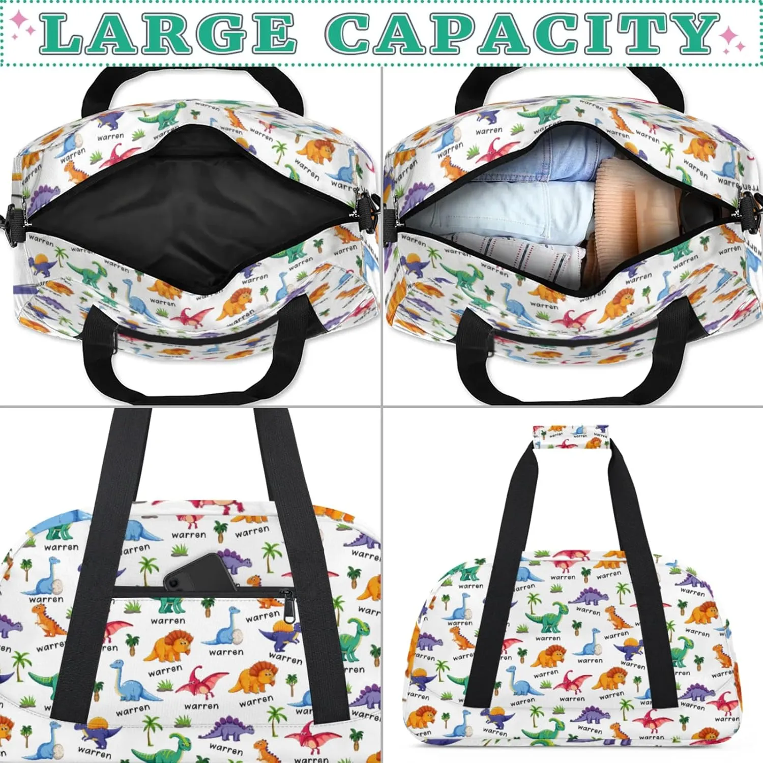 Personalized Name Duffle-Bag for Boys,Custom Animal Sports Gym Bag,Carry-on Lightweight for Travel Outdoor,Track-and-Field Dinosaur Green