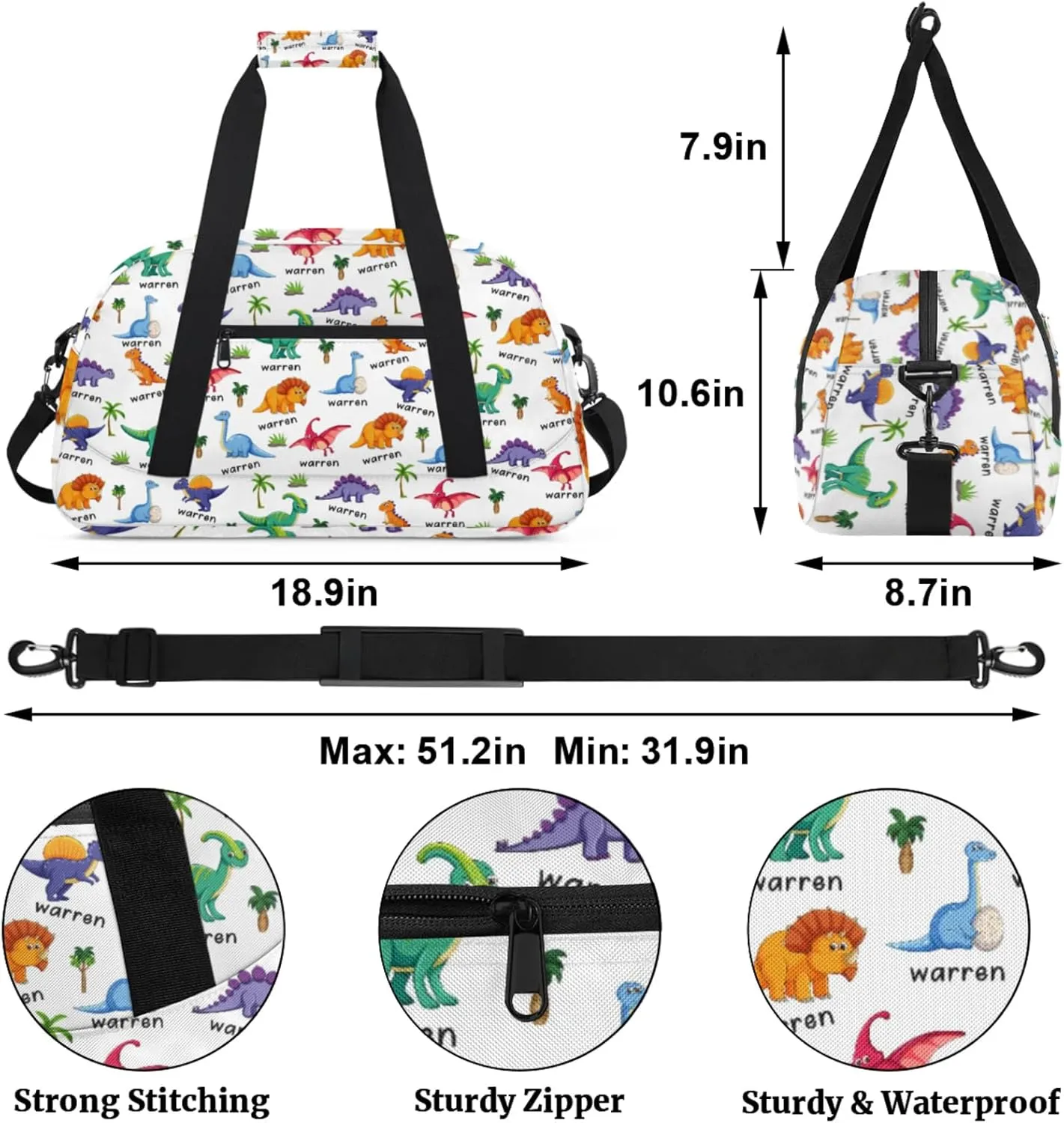 Personalized Name Duffle-Bag for Boys,Custom Animal Sports Gym Bag,Carry-on Lightweight for Travel Outdoor,Track-and-Field Dinosaur Green