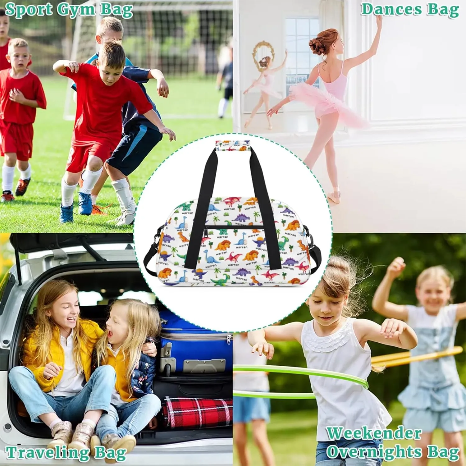 Personalized Name Duffle-Bag for Boys,Custom Animal Sports Gym Bag,Carry-on Lightweight for Travel Outdoor,Track-and-Field Dinosaur Green