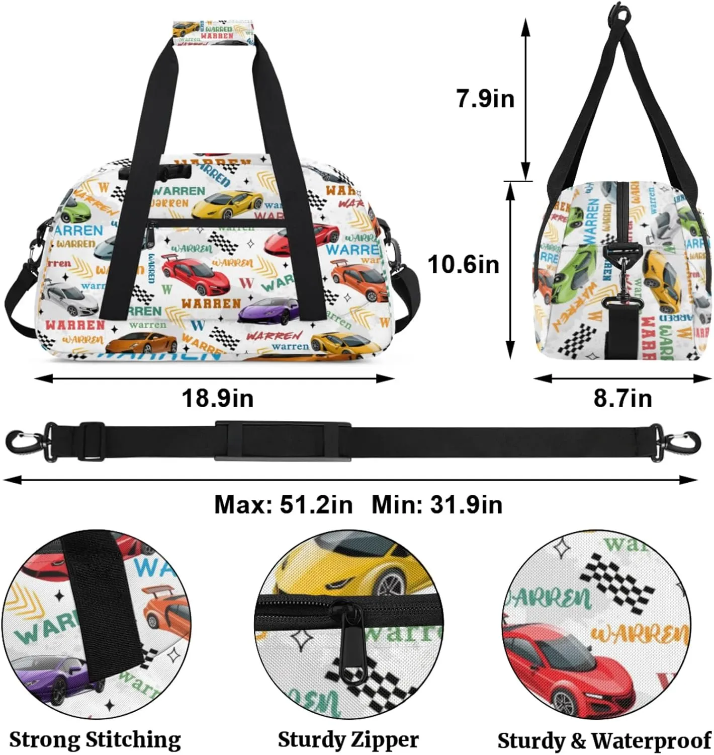 Personalized Name Duffle-Bag for Boys,Custom Playmobile Sport Gym Bag,Carry-on Lightweight for Travel Outdoor,Track-and-Field Roadster