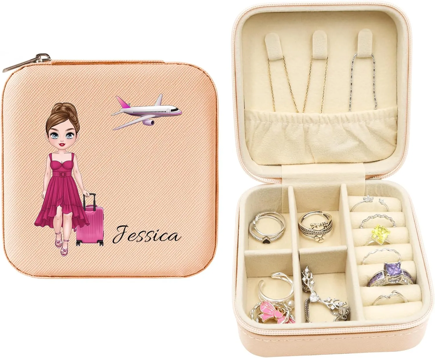 Personalized Portable Jewelry Box, Travel Essentials for Women, Mini Organizer, Customized Small Case With Initials, Gift for Girls, Teen, Woman (Travelling Lover)