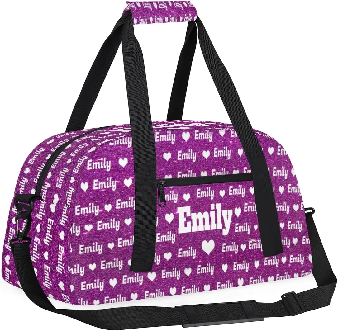 Personalized Sports Bag Names for Boys Teens, Custom Name Sport Fitness Duffle Gym Bag Travel Weekender Lightweight Bags, Purple Glitters Effect with Love Heart