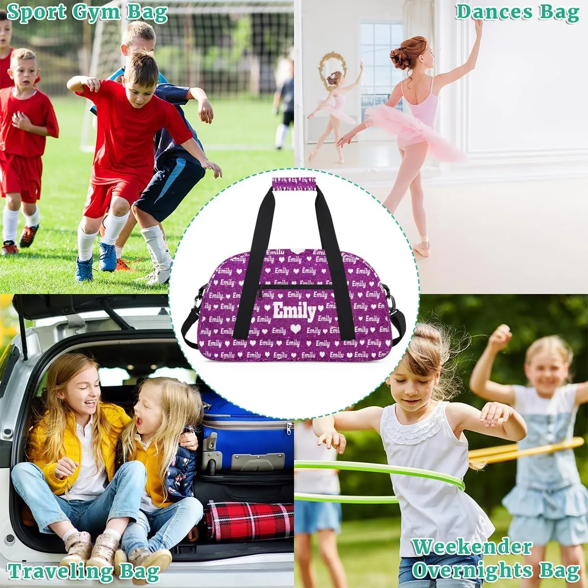 Personalized Sports Bag Names for Boys Teens, Custom Name Sport Fitness Duffle Gym Bag Travel Weekender Lightweight Bags, Purple Glitters Effect with Love Heart