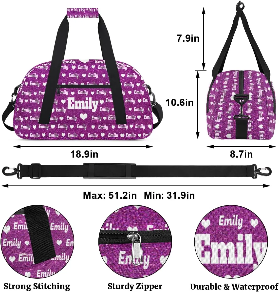 Personalized Sports Bag Names for Boys Teens, Custom Name Sport Fitness Duffle Gym Bag Travel Weekender Lightweight Bags, Purple Glitters Effect with Love Heart