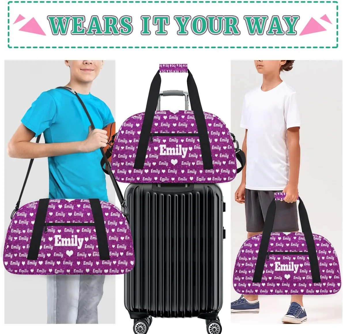 Personalized Sports Bag Names for Boys Teens, Custom Name Sport Fitness Duffle Gym Bag Travel Weekender Lightweight Bags, Purple Glitters Effect with Love Heart
