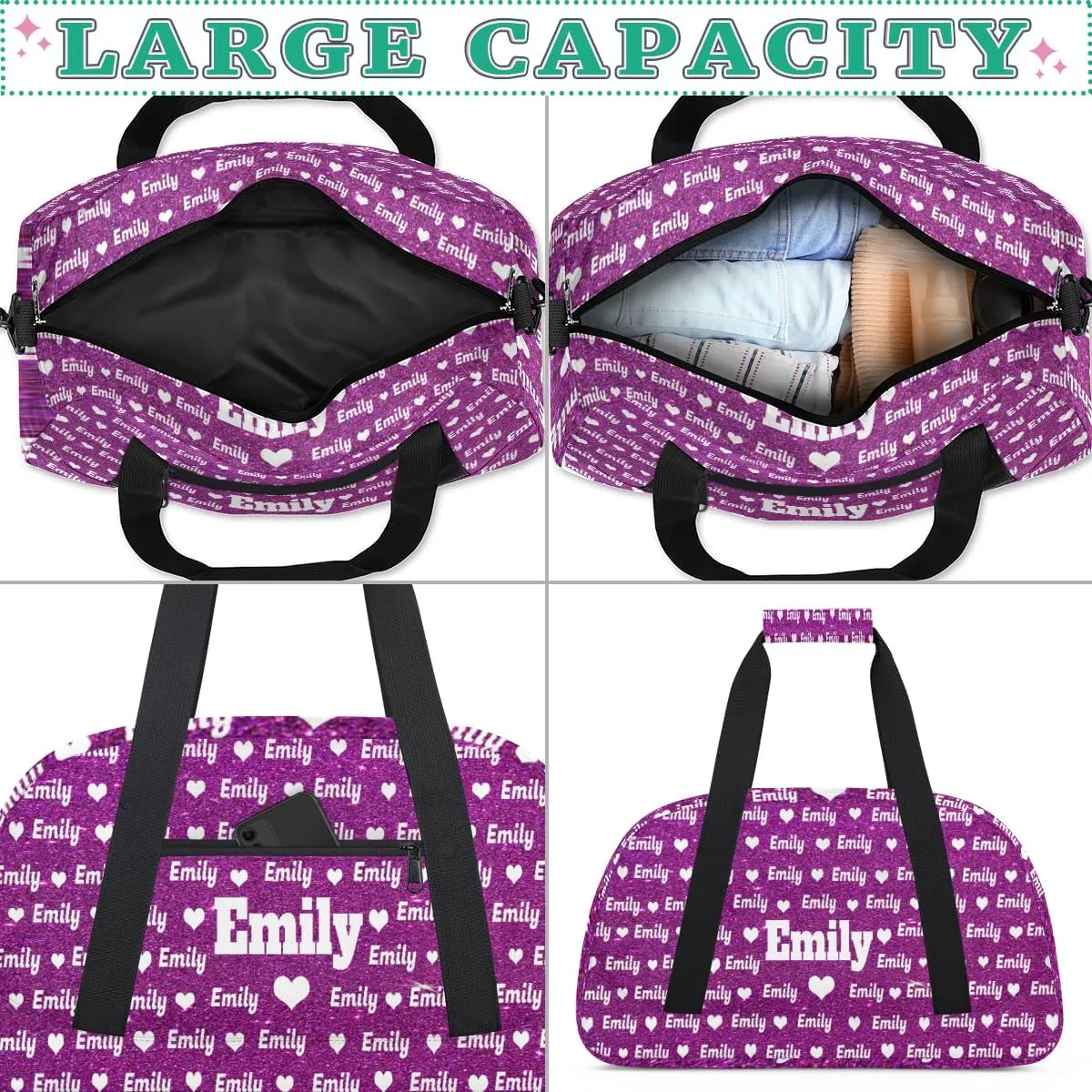 Personalized Sports Bag Names for Boys Teens, Custom Name Sport Fitness Duffle Gym Bag Travel Weekender Lightweight Bags, Purple Glitters Effect with Love Heart