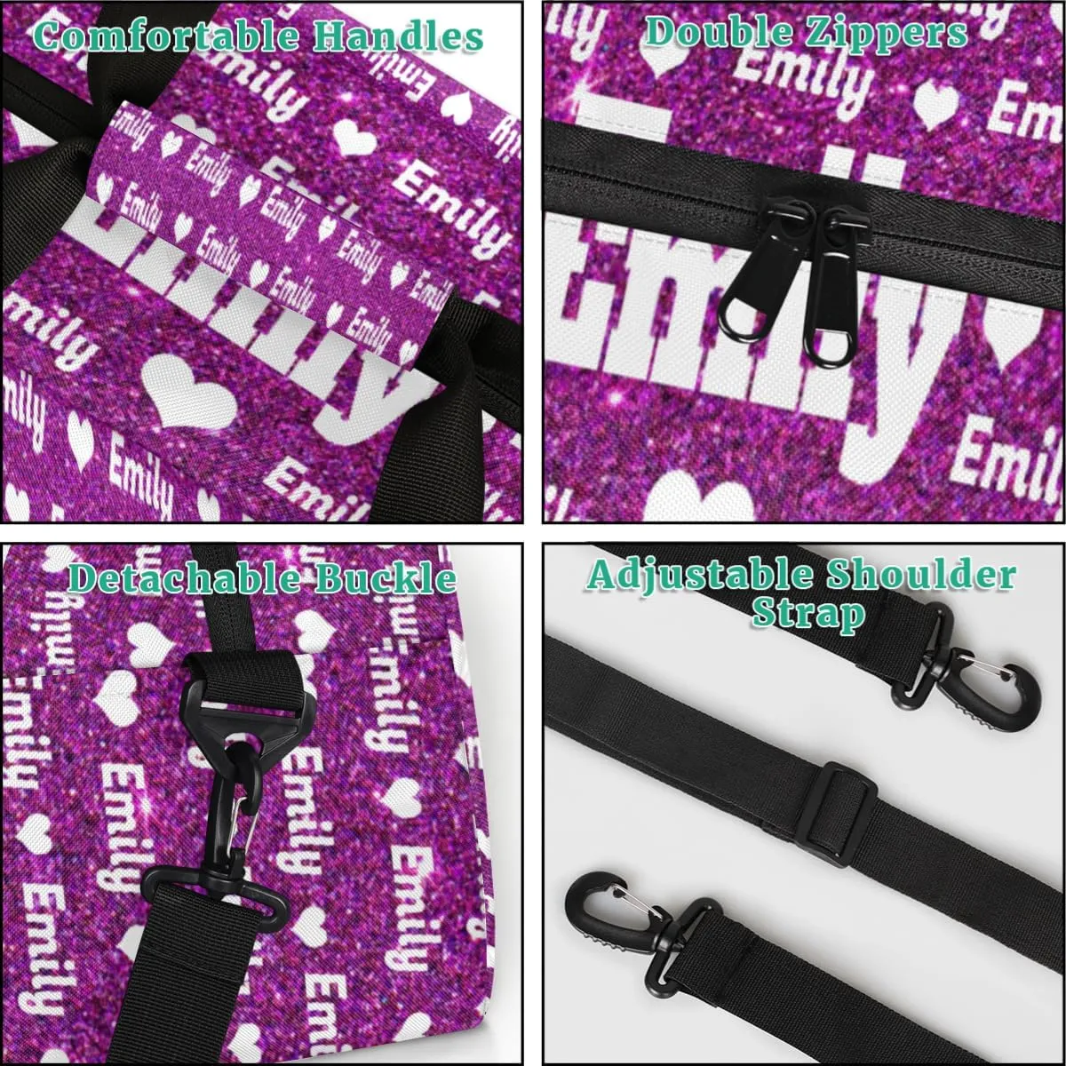 Personalized Sports Bag Names for Boys Teens, Custom Name Sport Fitness Duffle Gym Bag Travel Weekender Lightweight Bags, Purple Glitters Effect with Love Heart