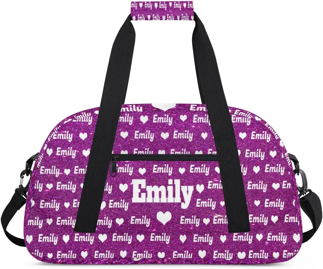 Personalized Sports Bag Names for Boys Teens, Custom Name Sport Fitness Duffle Gym Bag Travel Weekender Lightweight Bags, Purple Glitters Effect with Love Heart