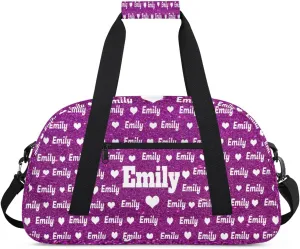 Personalized Sports Bag Names for Boys Teens, Custom Name Sport Fitness Duffle Gym Bag Travel Weekender Lightweight Bags, Purple Glitters Effect with Love Heart