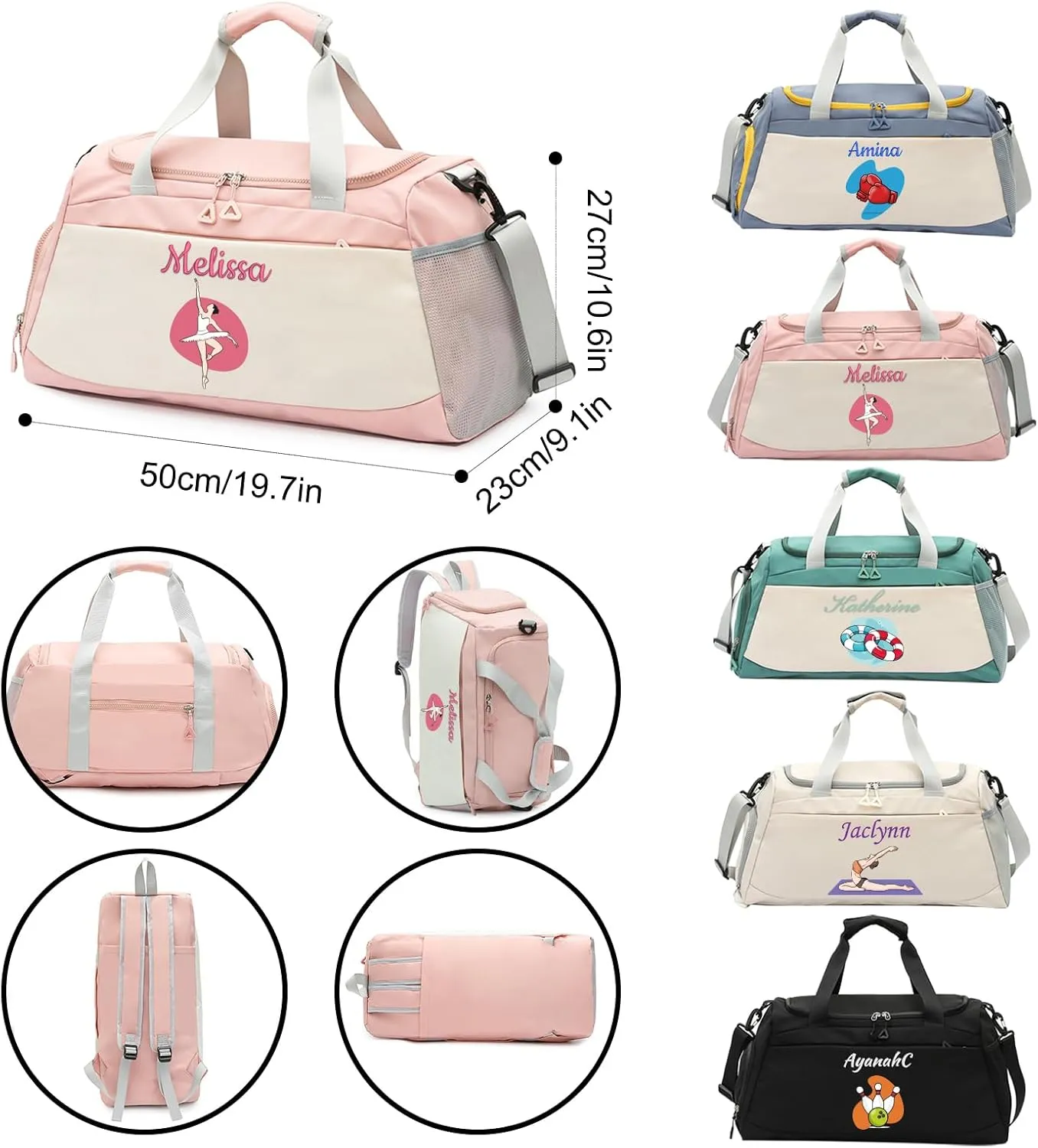 Personalized Travel Duffle Bag with Embroidery Name/Color Print logo, Sports Yoga Dance 3 in 1 Gym Bag, Dufflebag Weekend Getaway for Women Men, with Shoe and Wet Clothes Compartments-Cyan