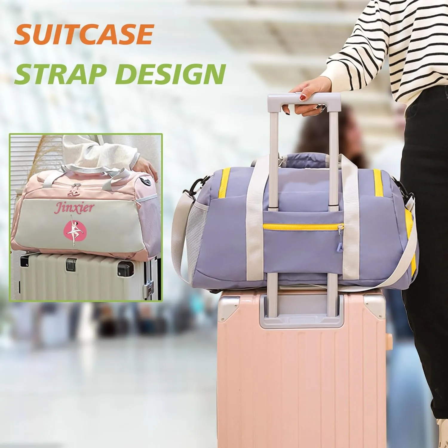 Personalized Travel Duffle Bag with Embroidery Name/Color Print logo, Sports Yoga Dance 3 in 1 Gym Bag, Dufflebag Weekend Getaway for Women Men, with Shoe and Wet Clothes Compartments-Cyan