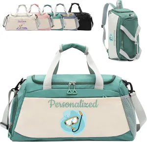 Personalized Travel Duffle Bag with Embroidery Name/Color Print logo, Sports Yoga Dance 3 in 1 Gym Bag, Dufflebag Weekend Getaway for Women Men, with Shoe and Wet Clothes Compartments-Cyan