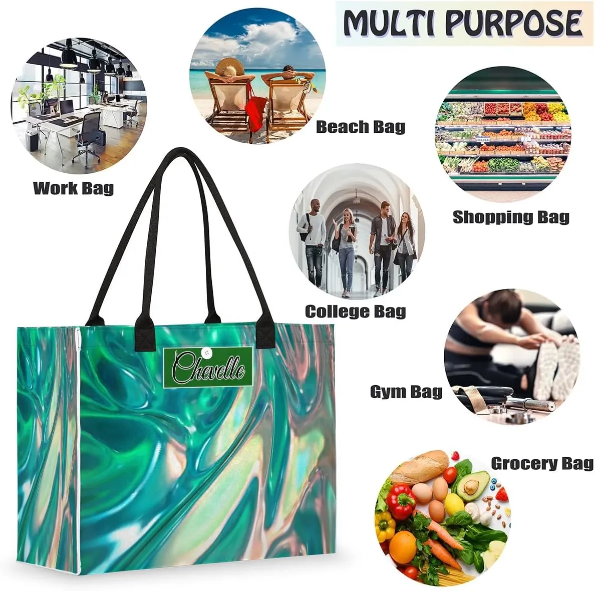Personalized Women Casual Tote Bag Name, Customized Large Capacity Beach Shoulder Shopping Bag for Travel Daily Work