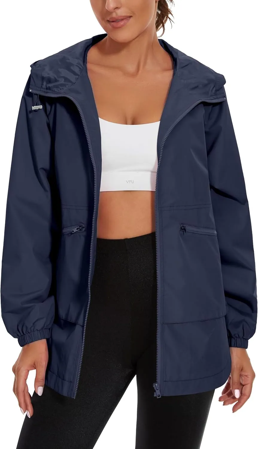PESION Womens Waterproof Raincoat Lightweight Rain Jacket Trench Coat Hooded Windbreaker With Pockets for Outdoor