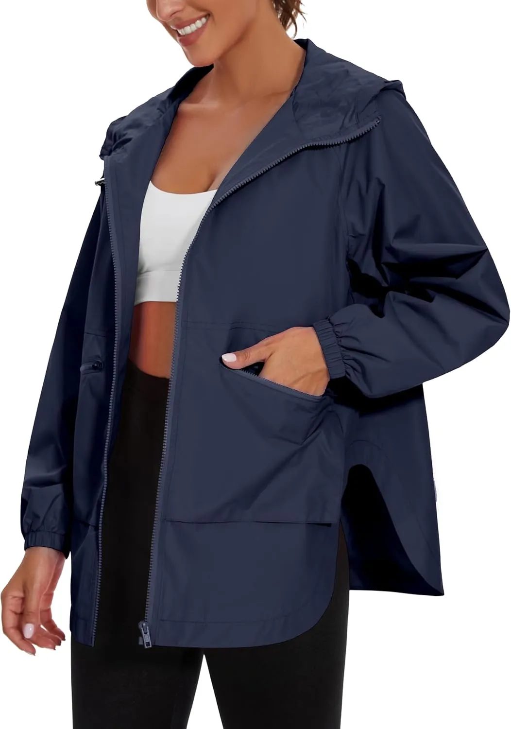 PESION Womens Waterproof Raincoat Lightweight Rain Jacket Trench Coat Hooded Windbreaker With Pockets for Outdoor