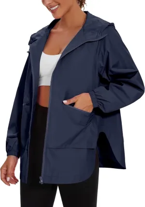 PESION Womens Waterproof Raincoat Lightweight Rain Jacket Trench Coat Hooded Windbreaker With Pockets for Outdoor