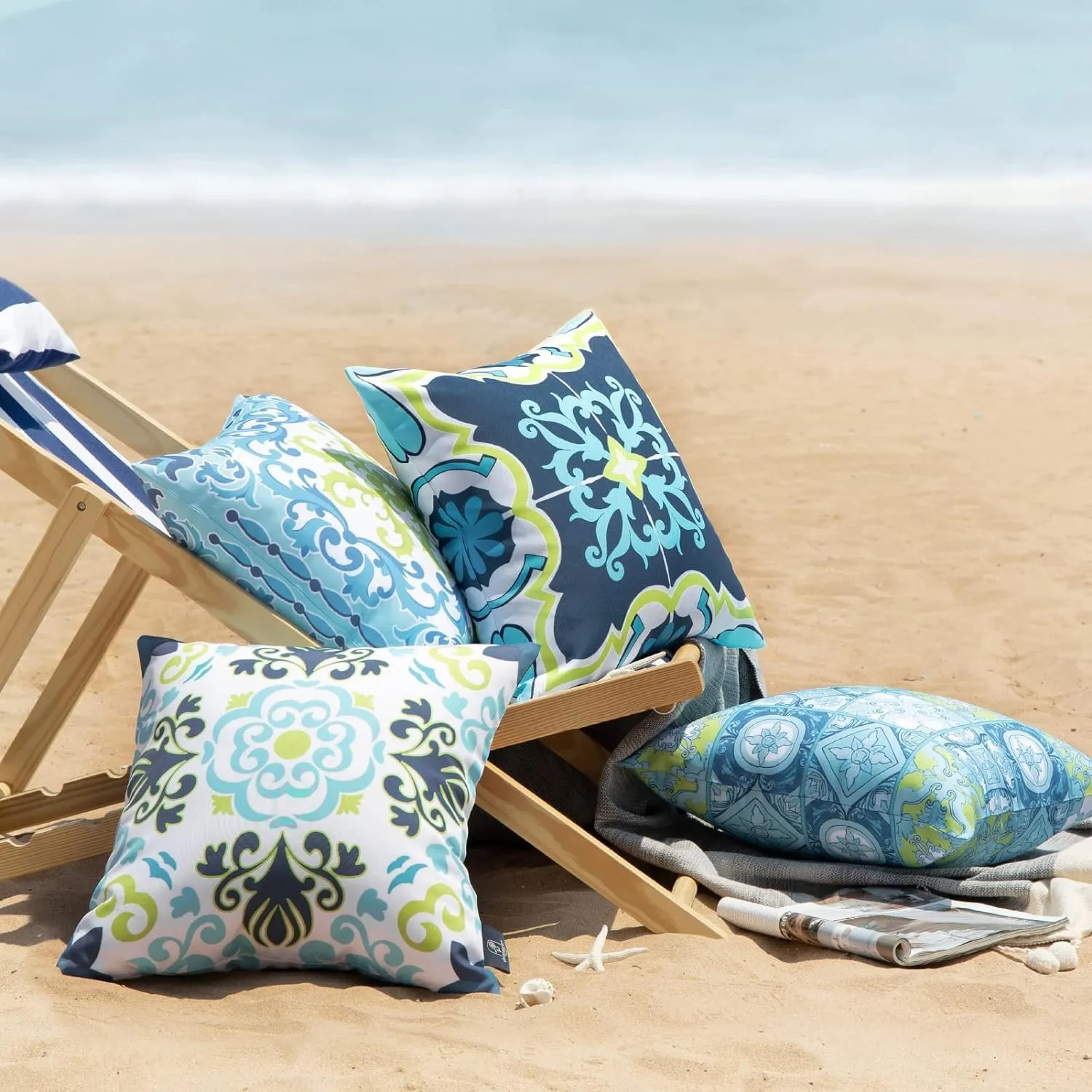 Phantoscope Set of 4 Outdoor Waterproof Throw Pillow Covers,Geometric, Decorative Boho Farmhouse Outdoor Pillows Cushion Case for Home Patio Furniture Tent Sunbrella, Blue and Green 20x20 Inches