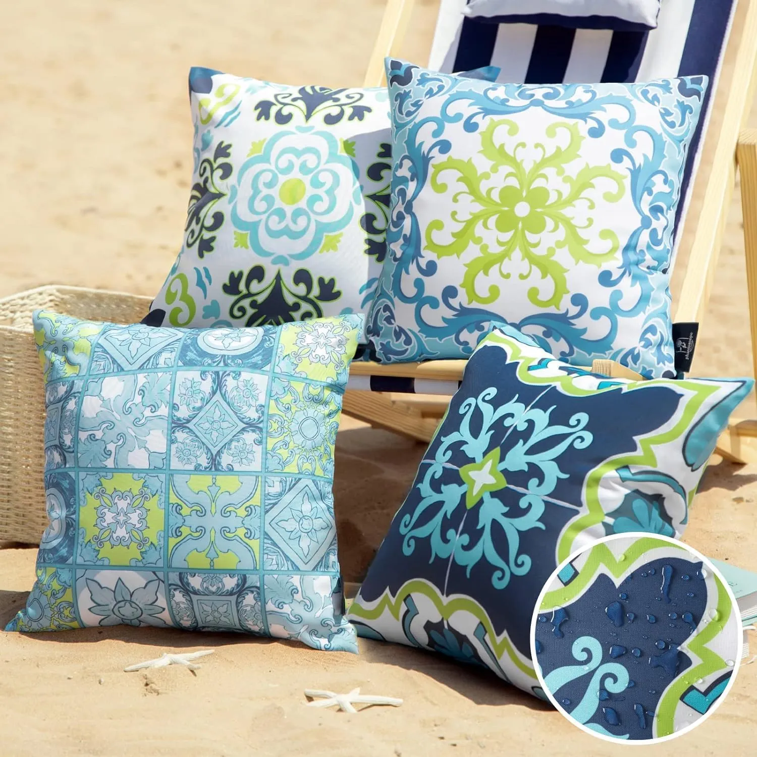 Phantoscope Set of 4 Outdoor Waterproof Throw Pillow Covers,Geometric, Decorative Boho Farmhouse Outdoor Pillows Cushion Case for Home Patio Furniture Tent Sunbrella, Blue and Green 20x20 Inches