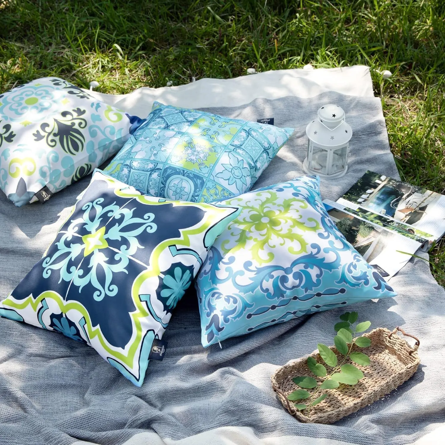 Phantoscope Set of 4 Outdoor Waterproof Throw Pillow Covers,Geometric, Decorative Boho Farmhouse Outdoor Pillows Cushion Case for Home Patio Furniture Tent Sunbrella, Blue and Green 20x20 Inches