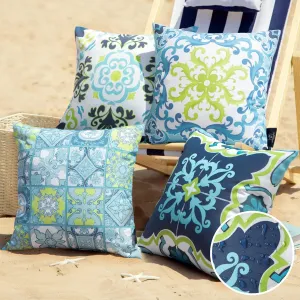 Phantoscope Set of 4 Outdoor Waterproof Throw Pillow Covers,Geometric, Decorative Boho Farmhouse Outdoor Pillows Cushion Case for Home Patio Furniture Tent Sunbrella, Blue and Green 20x20 Inches