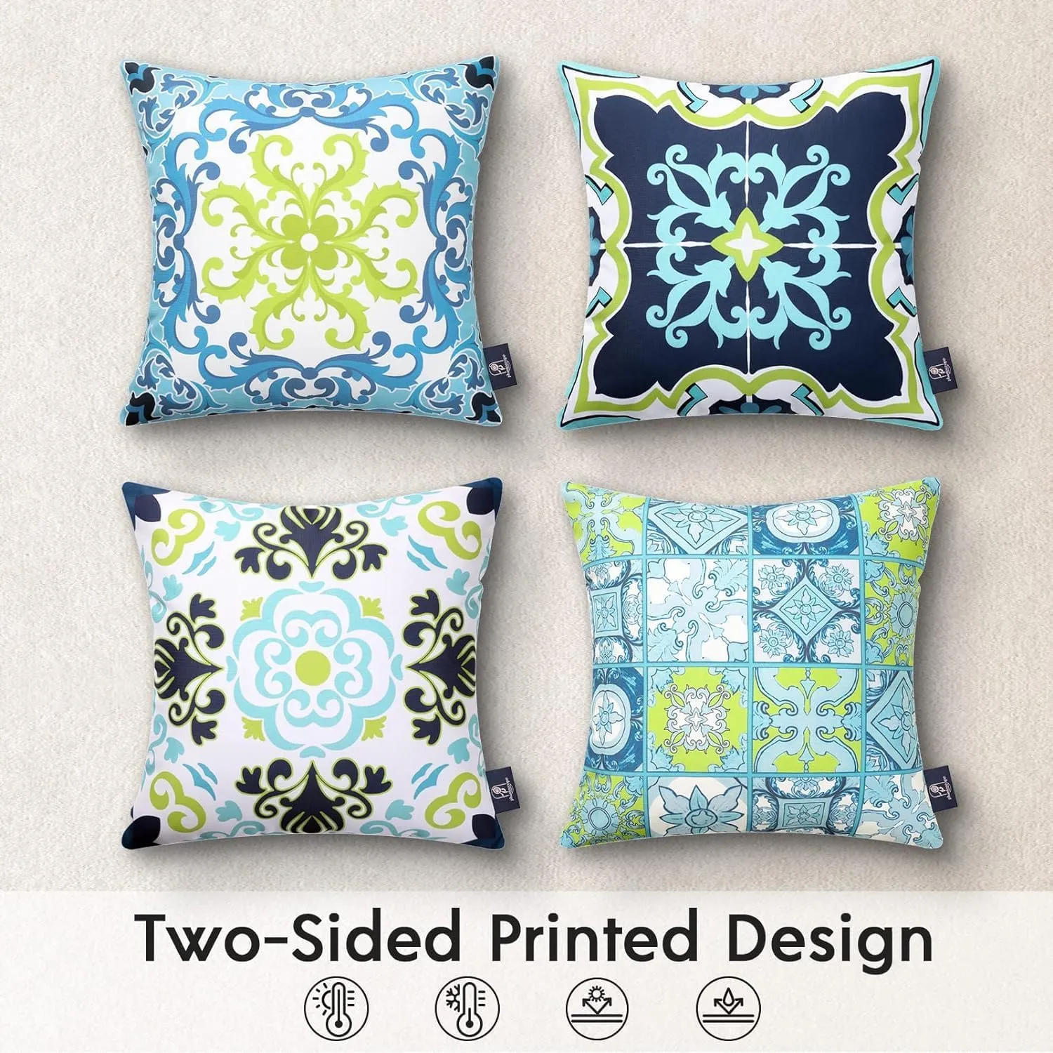 Phantoscope Set of 4 Outdoor Waterproof Throw Pillow Covers,Geometric, Decorative Boho Farmhouse Outdoor Pillows Cushion Case for Home Patio Furniture Tent Sunbrella, Blue and Green 20x20 Inches