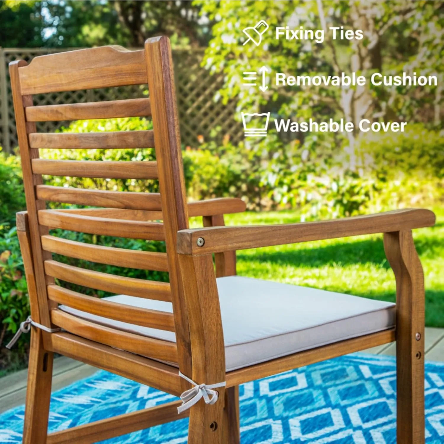 PHI VILLA 2 Pieces Acacia Wood Outdoor Dining Chairs with Cushions, Patio Oil Finished Wooden Armchairs Set of 2, Natural Teak Dining Chairs for Deck, Yard, Porch