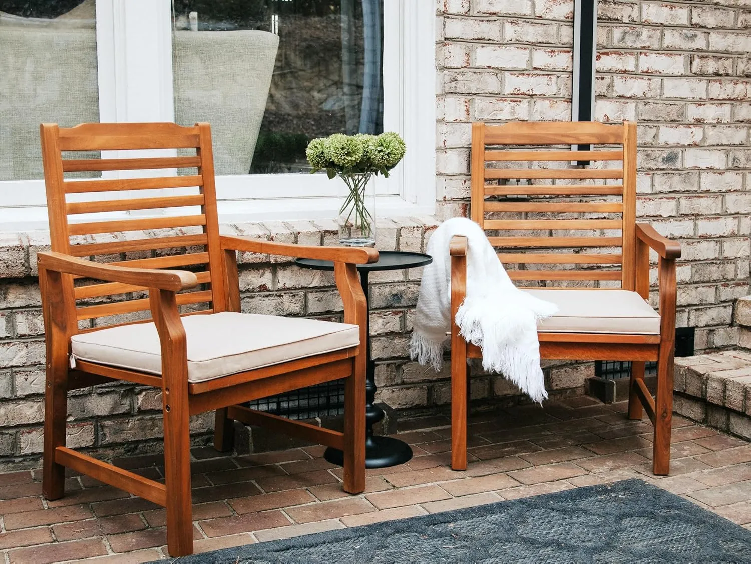 PHI VILLA 2 Pieces Acacia Wood Outdoor Dining Chairs with Cushions, Patio Oil Finished Wooden Armchairs Set of 2, Natural Teak Dining Chairs for Deck, Yard, Porch