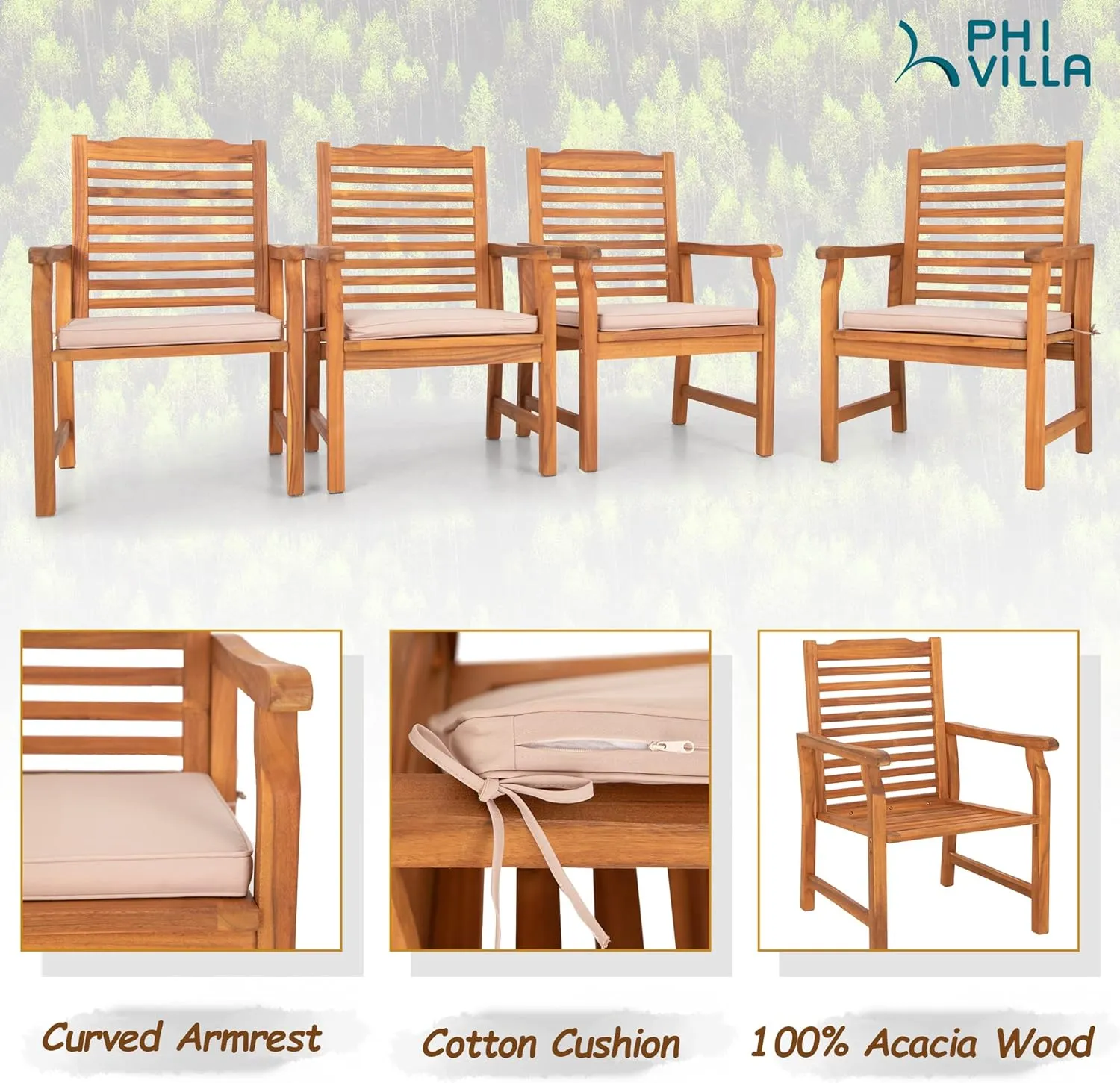 PHI VILLA 2 Pieces Acacia Wood Outdoor Dining Chairs with Cushions, Patio Oil Finished Wooden Armchairs Set of 2, Natural Teak Dining Chairs for Deck, Yard, Porch