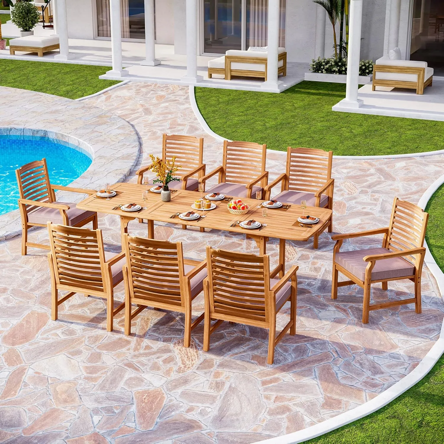 PHI VILLA 2 Pieces Acacia Wood Outdoor Dining Chairs with Cushions, Patio Oil Finished Wooden Armchairs Set of 2, Natural Teak Dining Chairs for Deck, Yard, Porch
