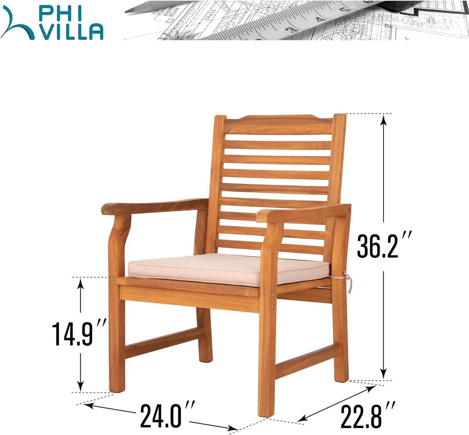 PHI VILLA 2 Pieces Acacia Wood Outdoor Dining Chairs with Cushions, Patio Oil Finished Wooden Armchairs Set of 2, Natural Teak Dining Chairs for Deck, Yard, Porch
