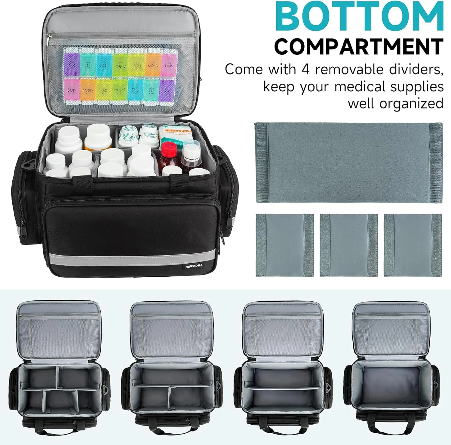 Pill Bottle Organizer, Double Layers Medicine Storage Bag with Lockable Zippers and Shoulder Strap,Medication Travel Bag for Prescription Bottles, Vitamins & Medical Supplies, Black (Bag Only)