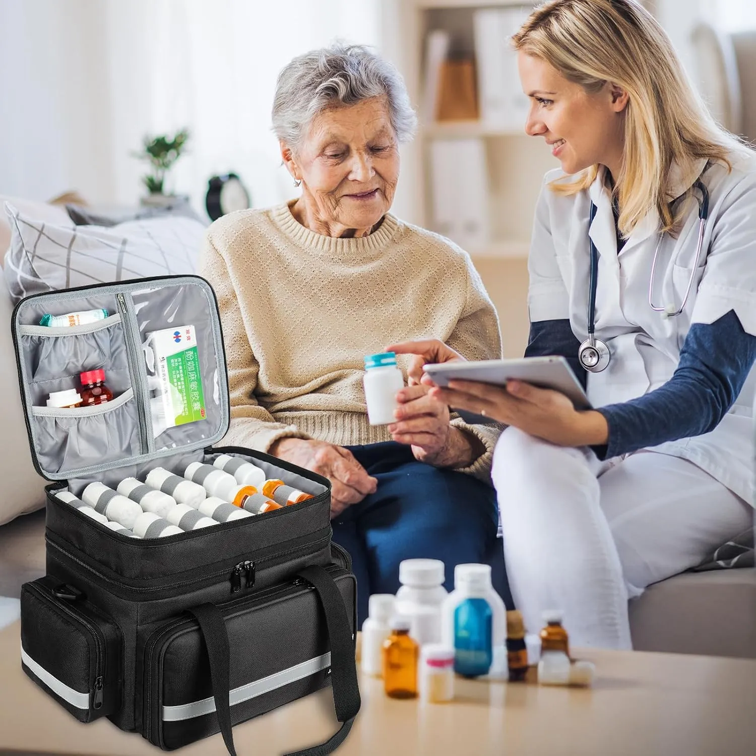 Pill Bottle Organizer, Double Layers Medicine Storage Bag with Lockable Zippers and Shoulder Strap,Medication Travel Bag for Prescription Bottles, Vitamins & Medical Supplies, Black (Bag Only)