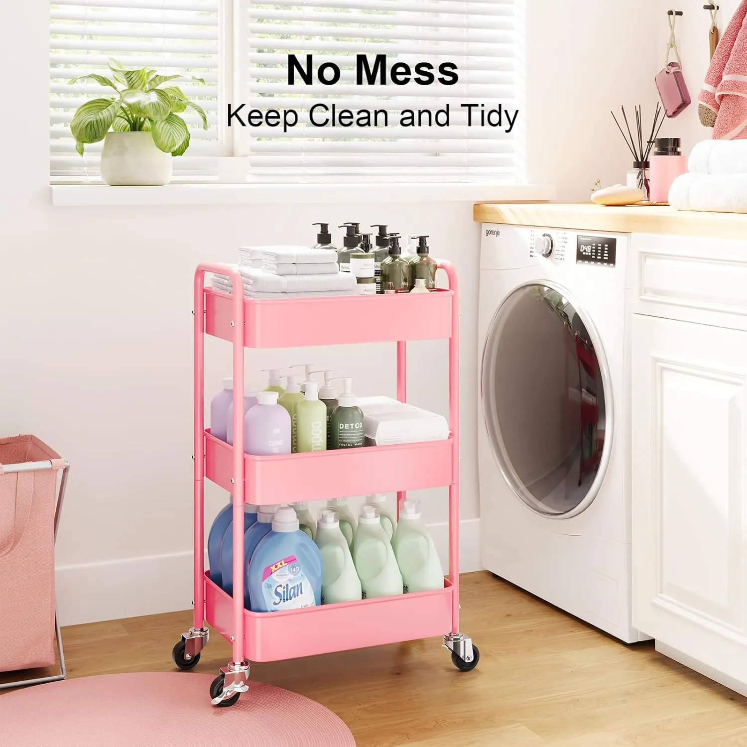 Pink 3 Tier Rolling Cart Metal with Lockable Wheels, Three Tier Utility Cart On Wheels, Sturdy Craft Cart Organizer for Teacher, Storage Roller Trolly for Baby Diaper, Art, Craft, Nail, Lash, Makeup