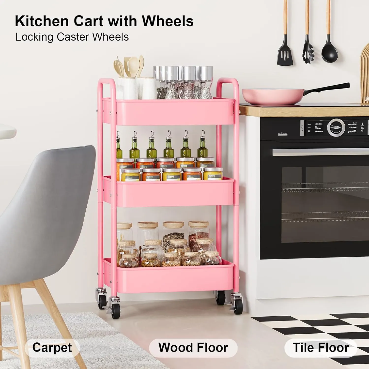 Pink 3 Tier Rolling Cart Metal with Lockable Wheels, Three Tier Utility Cart On Wheels, Sturdy Craft Cart Organizer for Teacher, Storage Roller Trolly for Baby Diaper, Art, Craft, Nail, Lash, Makeup