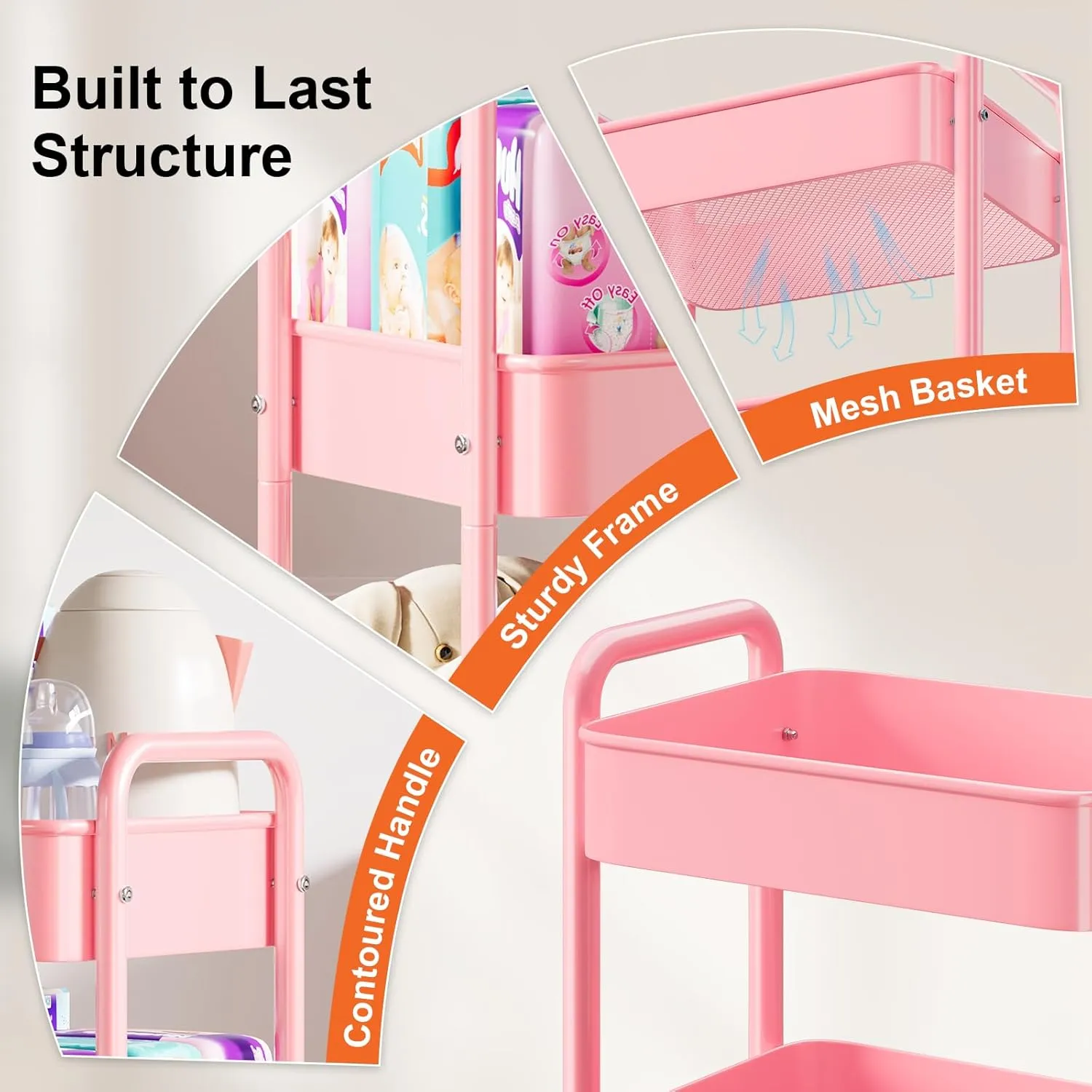 Pink 3 Tier Rolling Cart Metal with Lockable Wheels, Three Tier Utility Cart On Wheels, Sturdy Craft Cart Organizer for Teacher, Storage Roller Trolly for Baby Diaper, Art, Craft, Nail, Lash, Makeup