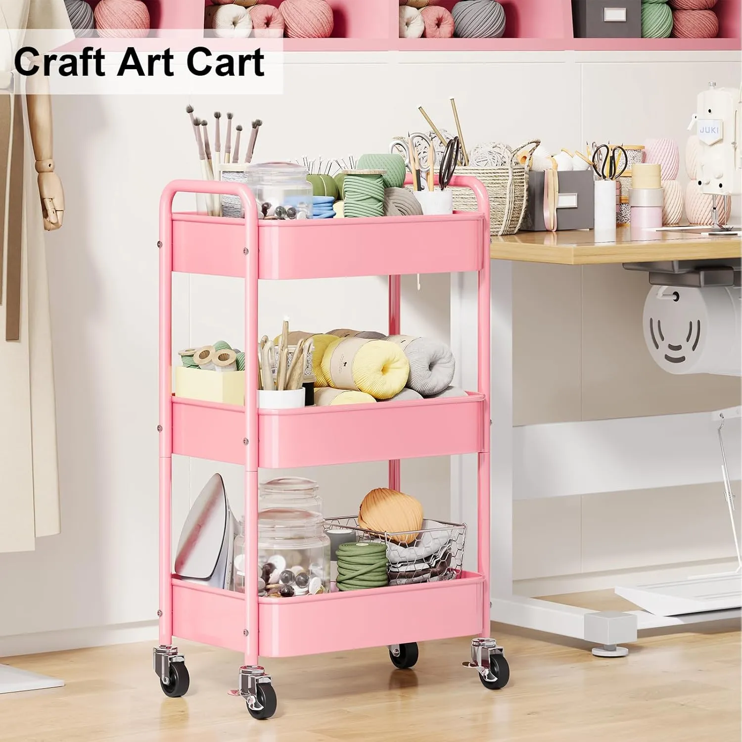 Pink 3 Tier Rolling Cart Metal with Lockable Wheels, Three Tier Utility Cart On Wheels, Sturdy Craft Cart Organizer for Teacher, Storage Roller Trolly for Baby Diaper, Art, Craft, Nail, Lash, Makeup