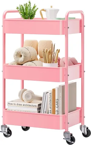 Pink 3 Tier Rolling Cart Metal with Lockable Wheels, Three Tier Utility Cart On Wheels, Sturdy Craft Cart Organizer for Teacher, Storage Roller Trolly for Baby Diaper, Art, Craft, Nail, Lash, Makeup