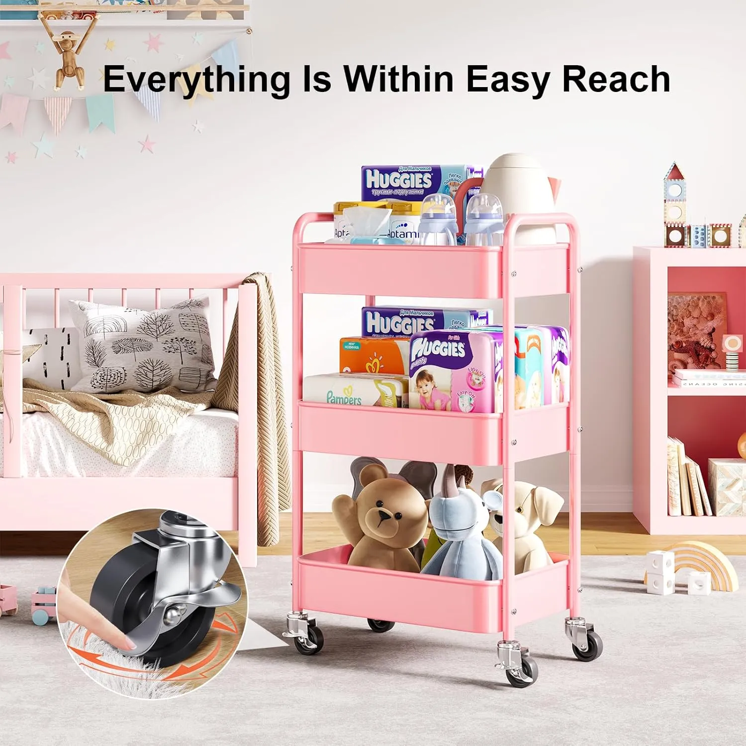 Pink 3 Tier Rolling Cart Metal with Lockable Wheels, Three Tier Utility Cart On Wheels, Sturdy Craft Cart Organizer for Teacher, Storage Roller Trolly for Baby Diaper, Art, Craft, Nail, Lash, Makeup