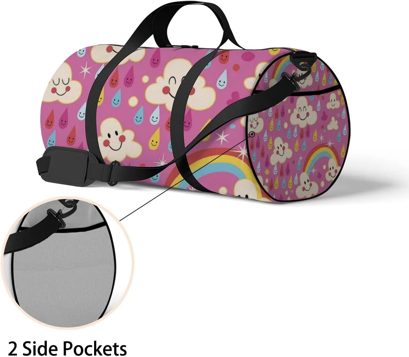 Pink Kawaii Cute Clouds Rainbows Rain Drops Sports Bag Tote Bag Waterproof Gym Bag with Shoulder Strap Zipper 2 Side Pockets for Men and Women, Travel and Storage Shoulder Bag.