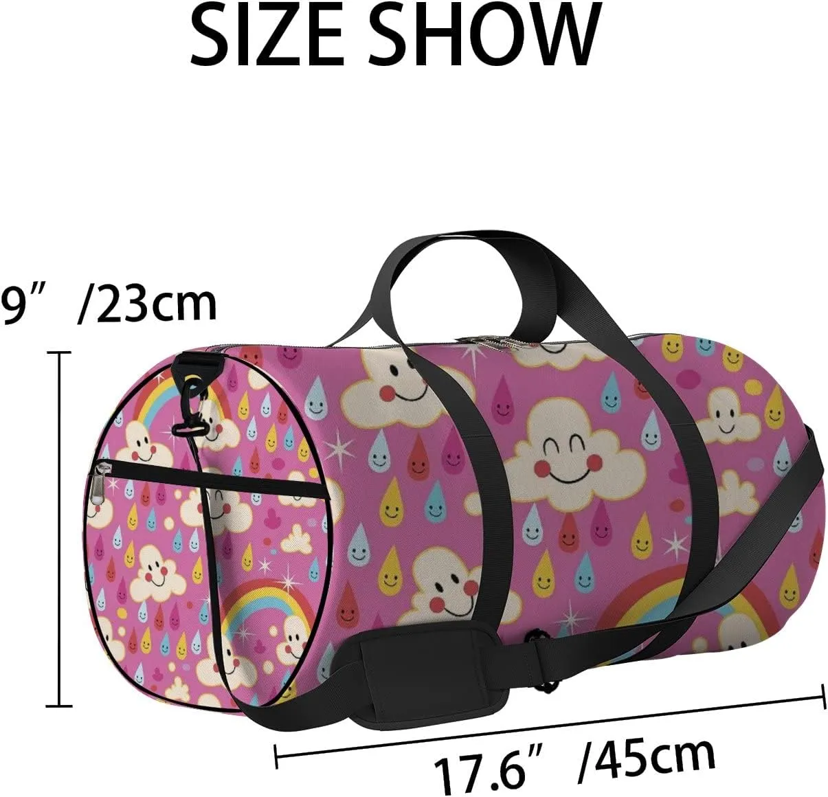 Pink Kawaii Cute Clouds Rainbows Rain Drops Sports Bag Tote Bag Waterproof Gym Bag with Shoulder Strap Zipper 2 Side Pockets for Men and Women, Travel and Storage Shoulder Bag.
