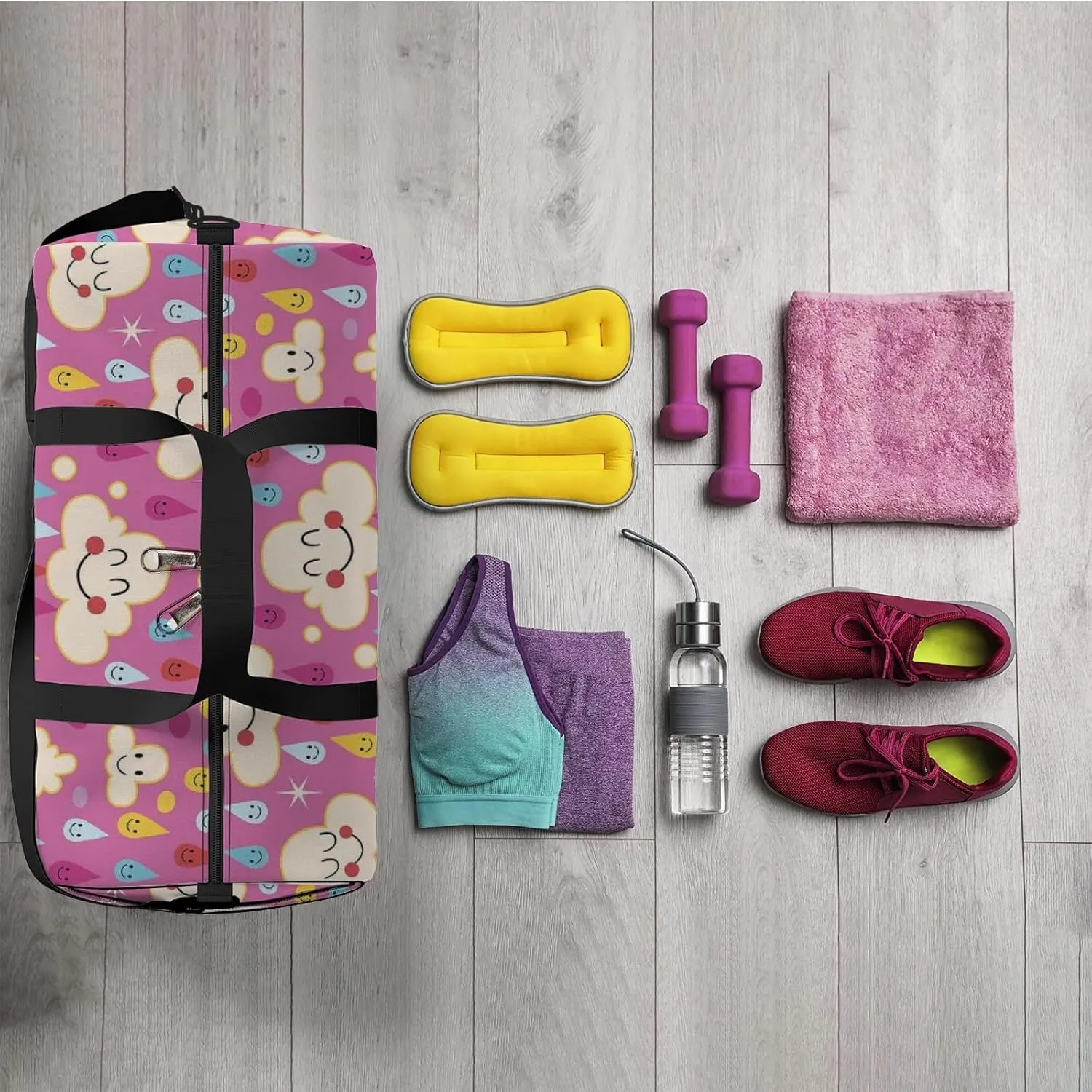 Pink Kawaii Cute Clouds Rainbows Rain Drops Sports Bag Tote Bag Waterproof Gym Bag with Shoulder Strap Zipper 2 Side Pockets for Men and Women, Travel and Storage Shoulder Bag.
