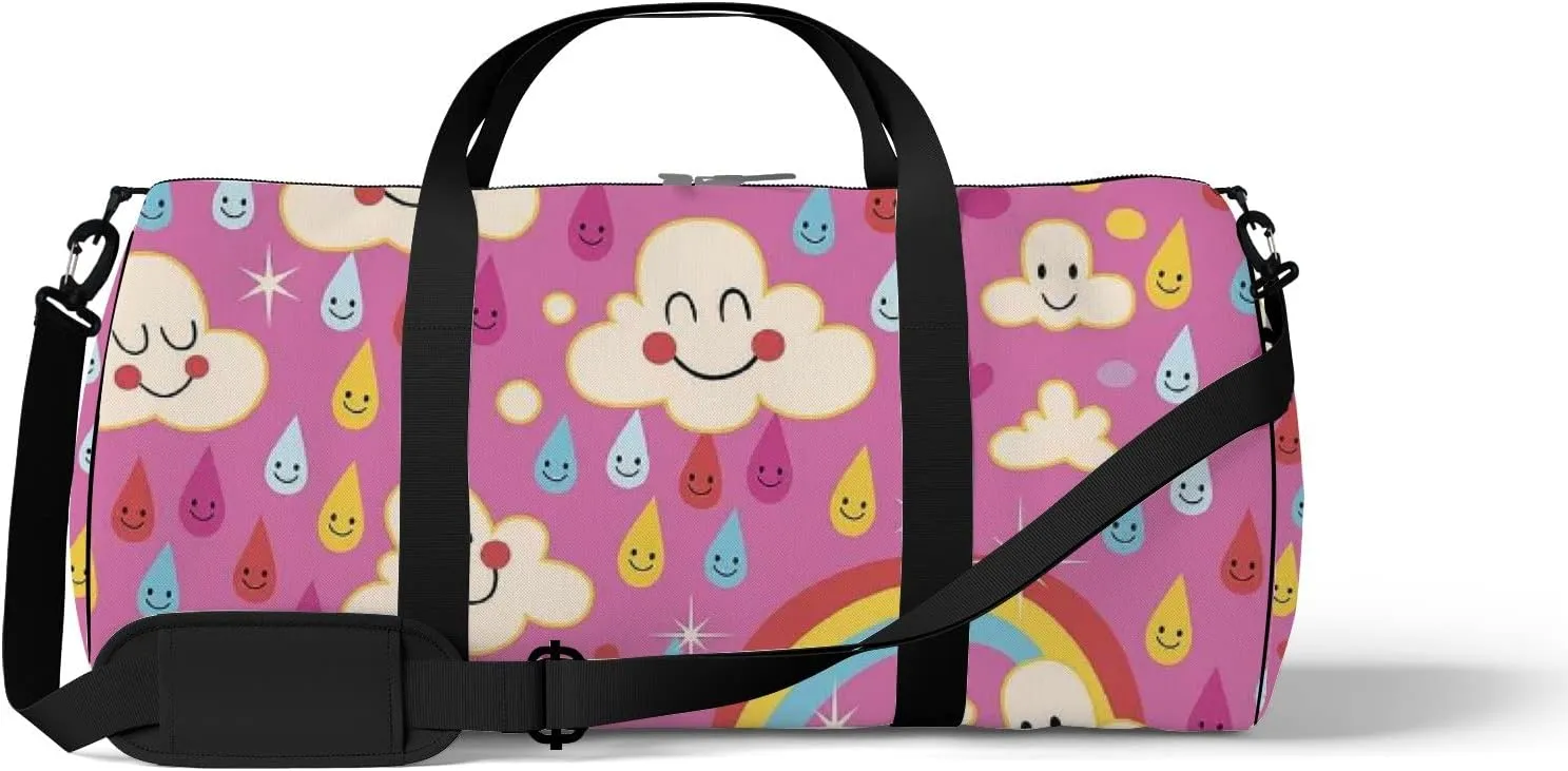 Pink Kawaii Cute Clouds Rainbows Rain Drops Sports Bag Tote Bag Waterproof Gym Bag with Shoulder Strap Zipper 2 Side Pockets for Men and Women, Travel and Storage Shoulder Bag.