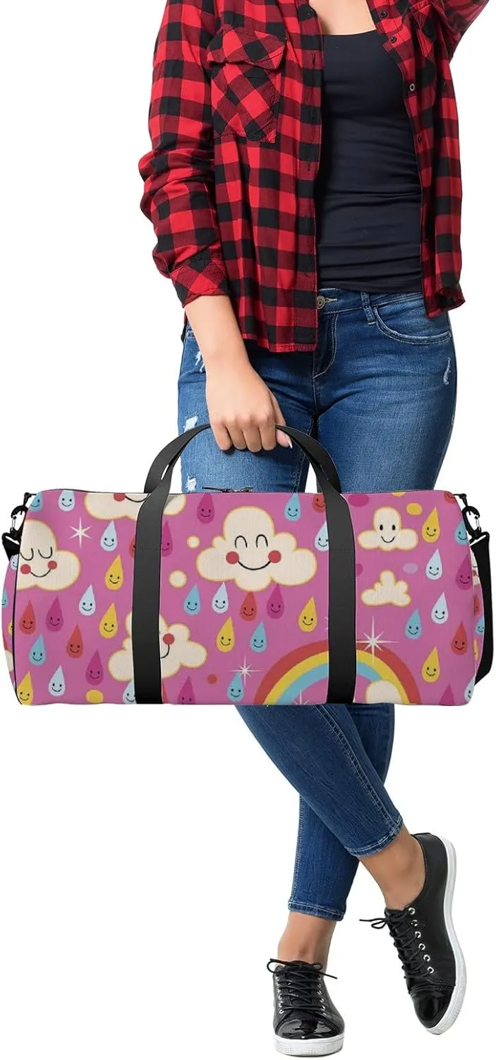 Pink Kawaii Cute Clouds Rainbows Rain Drops Sports Bag Tote Bag Waterproof Gym Bag with Shoulder Strap Zipper 2 Side Pockets for Men and Women, Travel and Storage Shoulder Bag.