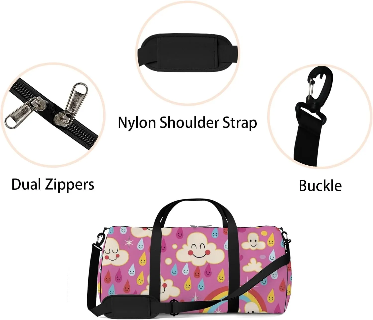 Pink Kawaii Cute Clouds Rainbows Rain Drops Sports Bag Tote Bag Waterproof Gym Bag with Shoulder Strap Zipper 2 Side Pockets for Men and Women, Travel and Storage Shoulder Bag.