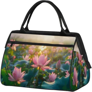 Pink Lotus Flowers Sunshine Pond Travel Duffle Bag, Waterproof Duffel Bag Weekender Overnight Carry On Bag Lightweight Sport Gym Bag for Men Women
