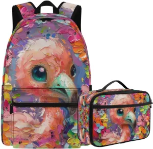 PinUp Angel Cute Flamingo Print Backpack for Kids Primary Middle School Bookbag Cute Oil Painting Animal Graphic School Bag With Lunch Bag