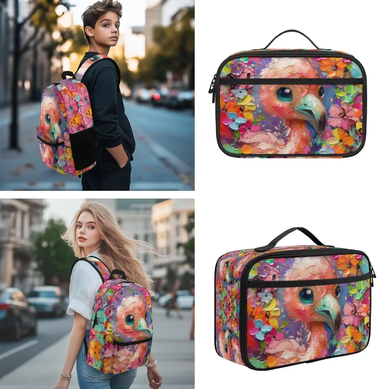 PinUp Angel Cute Flamingo Print Backpack for Kids Primary Middle School Bookbag Cute Oil Painting Animal Graphic School Bag With Lunch Bag