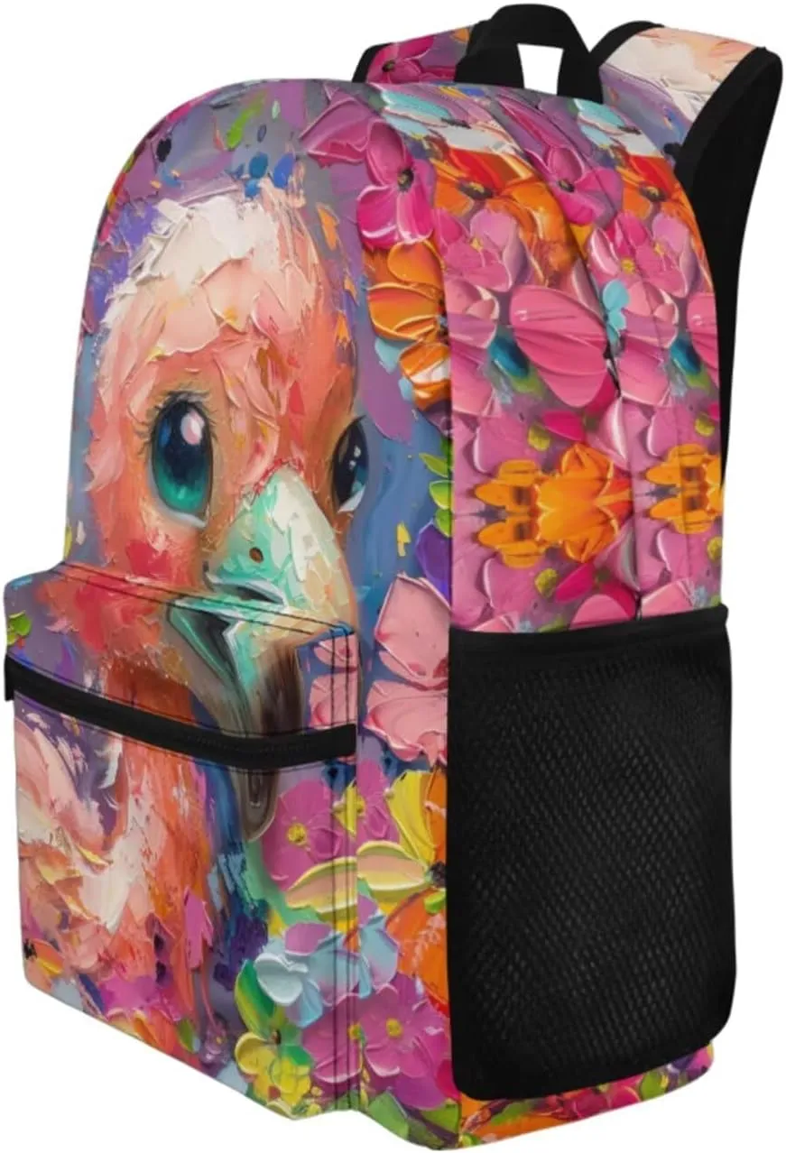 PinUp Angel Cute Flamingo Print Backpack for Kids Primary Middle School Bookbag Cute Oil Painting Animal Graphic School Bag With Lunch Bag