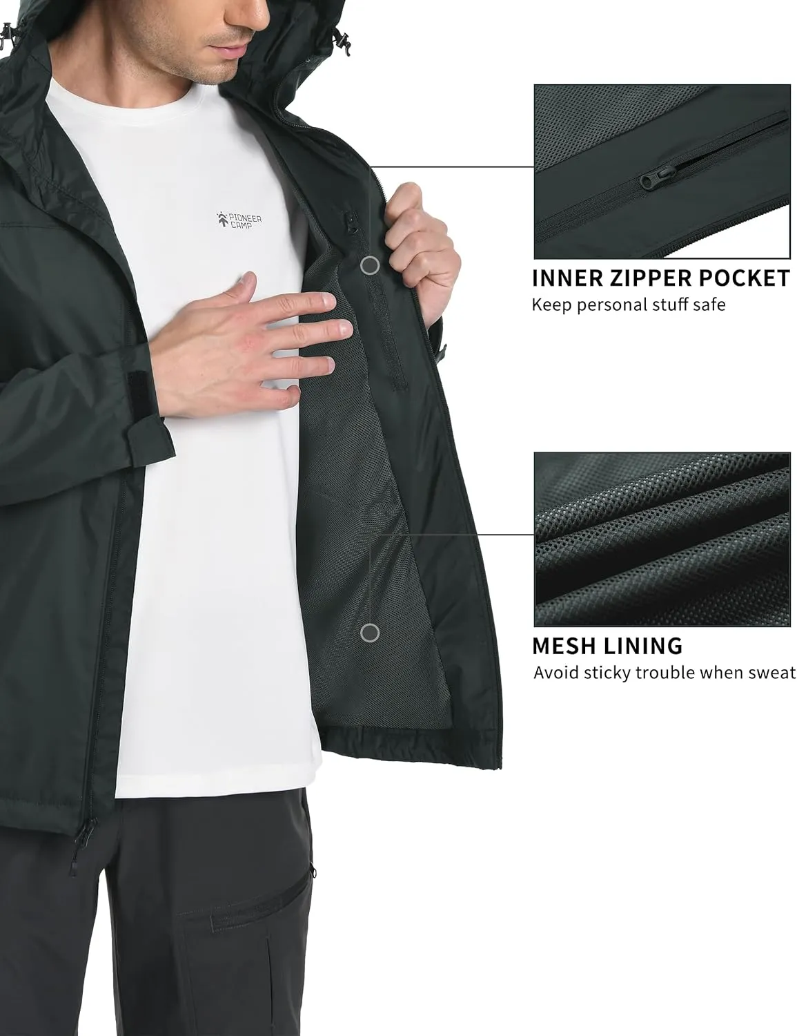Pioneer Camp Men's Rain Jacket Waterproof with Hood Lightweight Packable Raincoat Rain Shell for Outdoor Hiking Travel